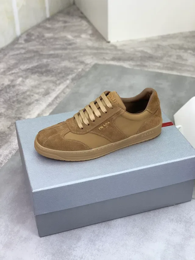 Prada Brown Suede And Textile Panel Construction Minimalist Logo Placement Lifestyle Sneakers 4