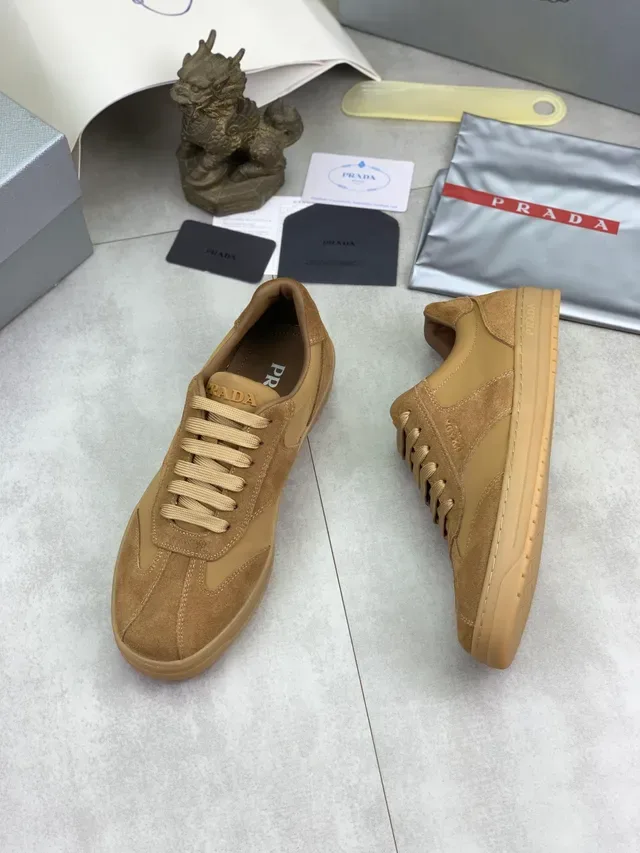 Prada Brown Suede And Textile Panel Construction Minimalist Logo Placement Lifestyle Sneakers 5