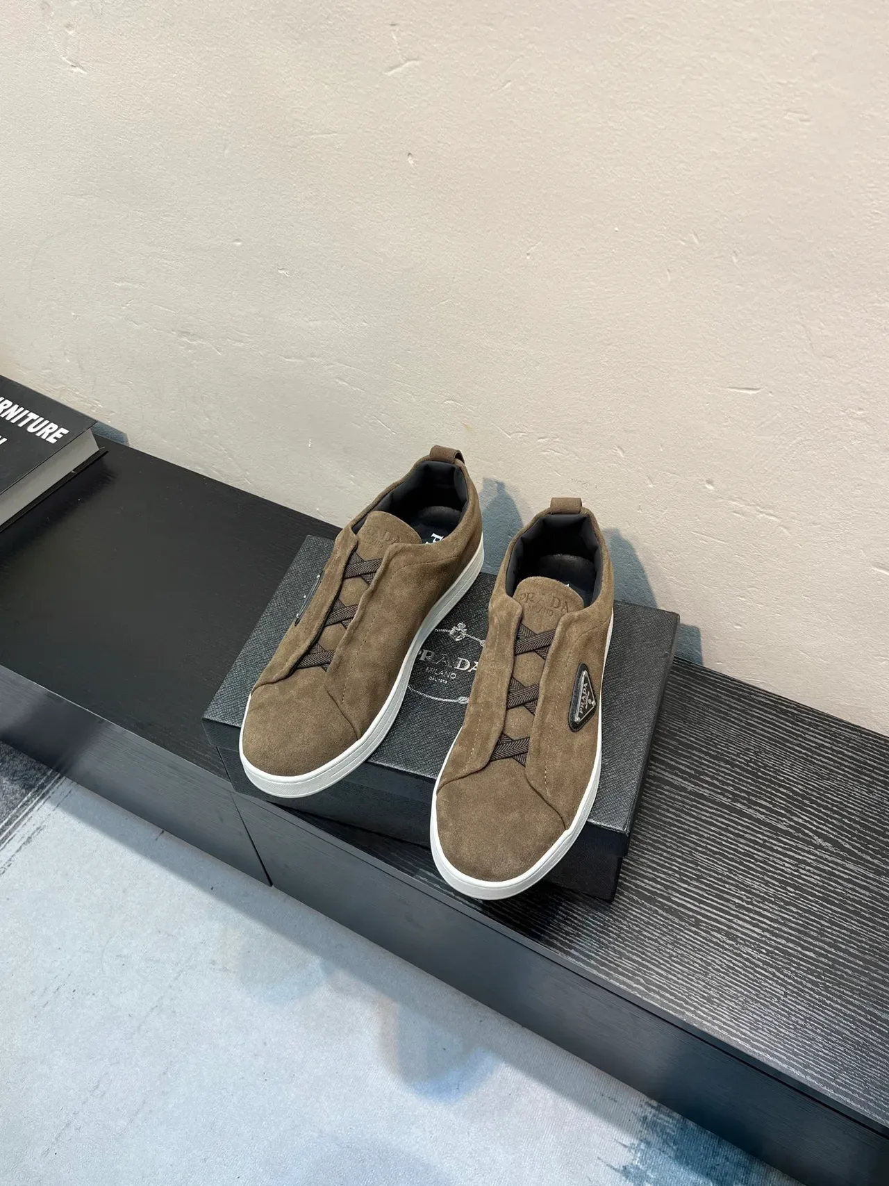 Prada Brown White Suede Upper Laceless Slip-On Lifestyle Sneakers 2