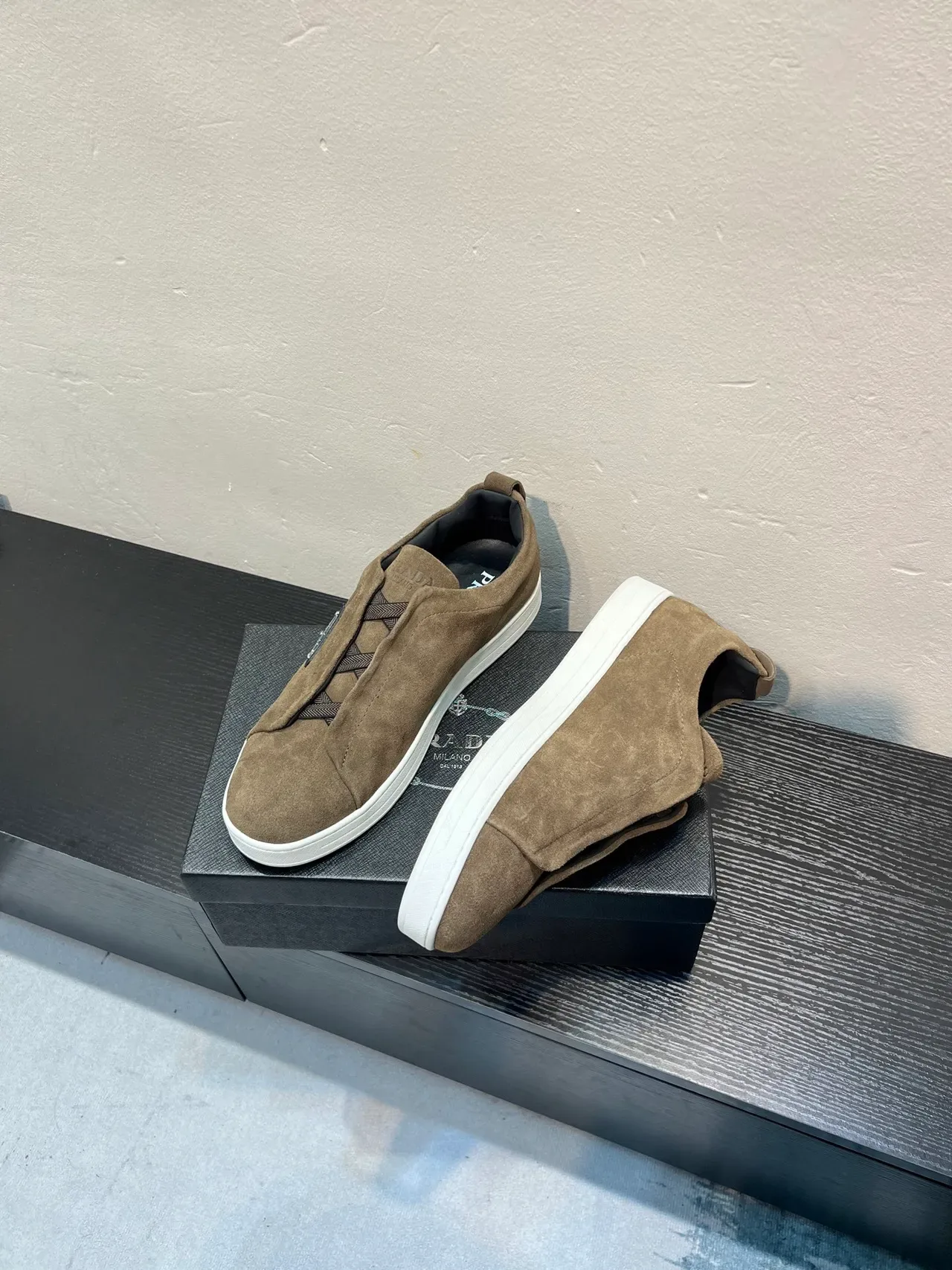 Prada Brown White Suede Upper Laceless Slip-On Lifestyle Sneakers 4
