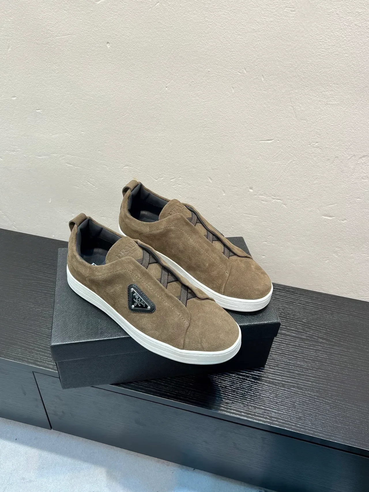 Prada Brown White Suede Upper Laceless Slip-On Lifestyle Sneakers 5