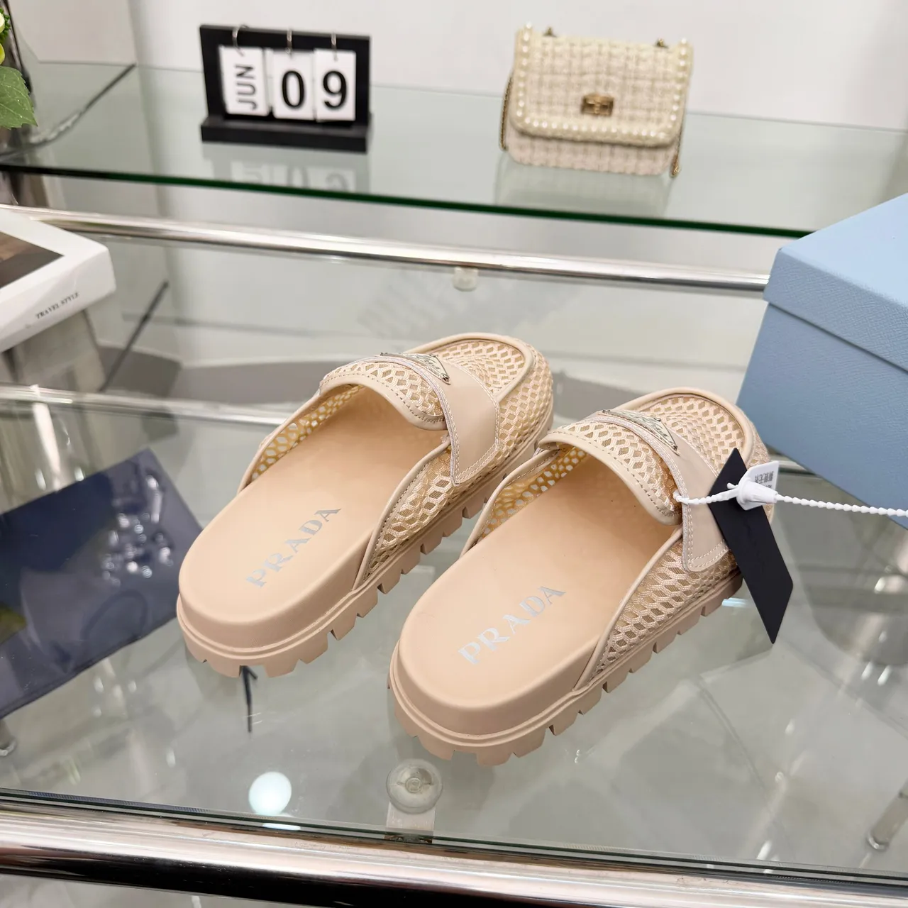 Prada Cloudbust Beige Mesh Upper Smooth Leather Strap Loafer 4