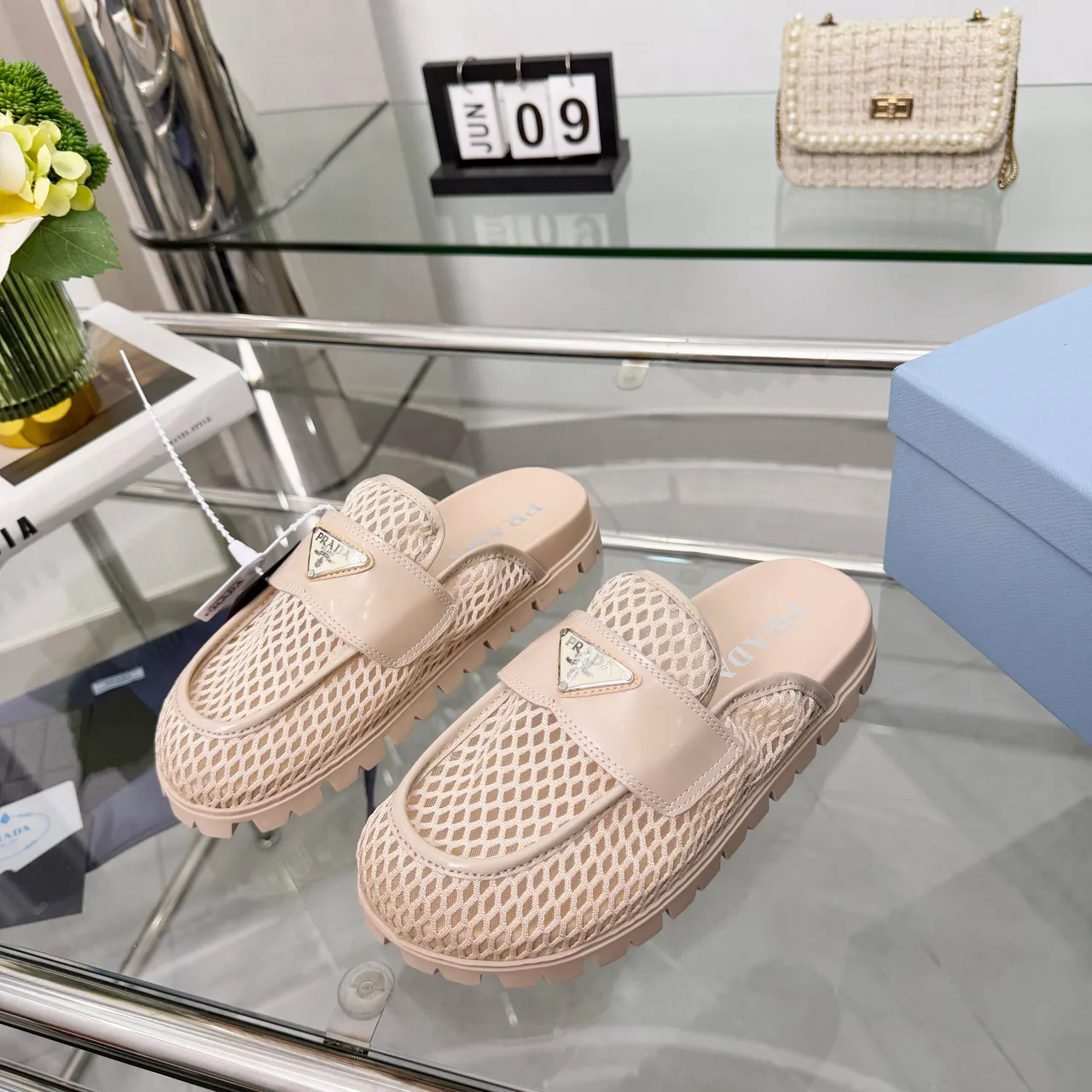 Prada Cloudbust Beige Mesh Upper Smooth Leather Strap Loafer 5