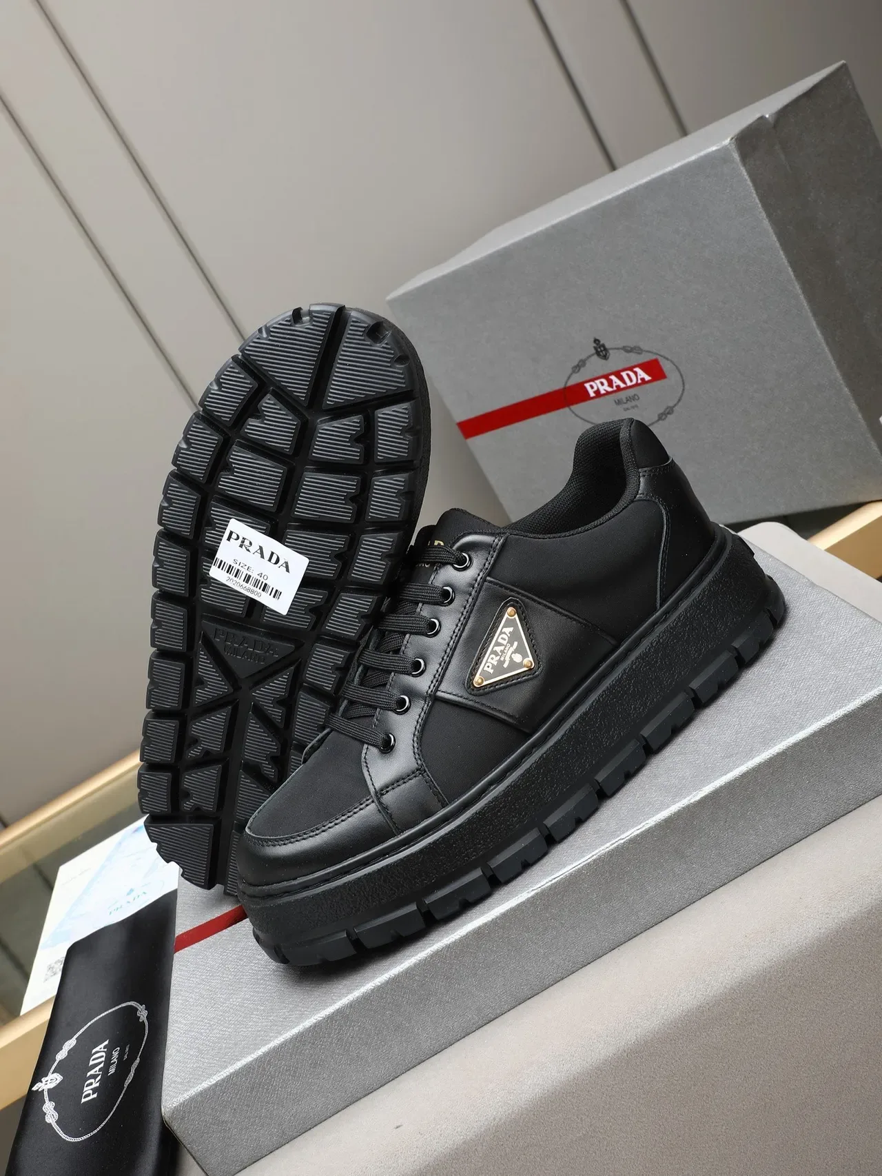 Prada Cloudbust Black Platform Sole Mixed Leather-Nylon Upper Chunky Sneakers 5
