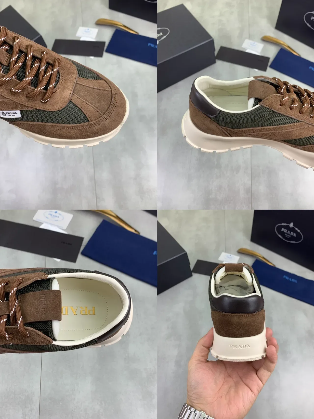 Prada Cloudbust Brown and Olive Green Suede Mesh Lifestyle Sneakers 3