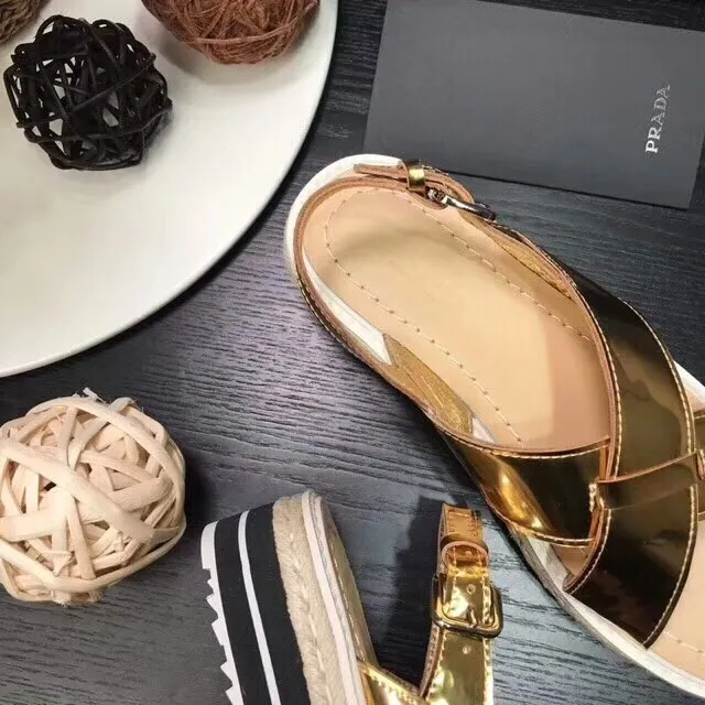 Prada Cloudbust Gold Beige Crisscross Straps Espadrille-Wrapped Platform Casual Sandals 2