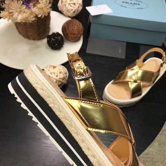 Prada Cloudbust Gold Beige Crisscross Straps Espadrille-Wrapped Platform Casual Sandals 3