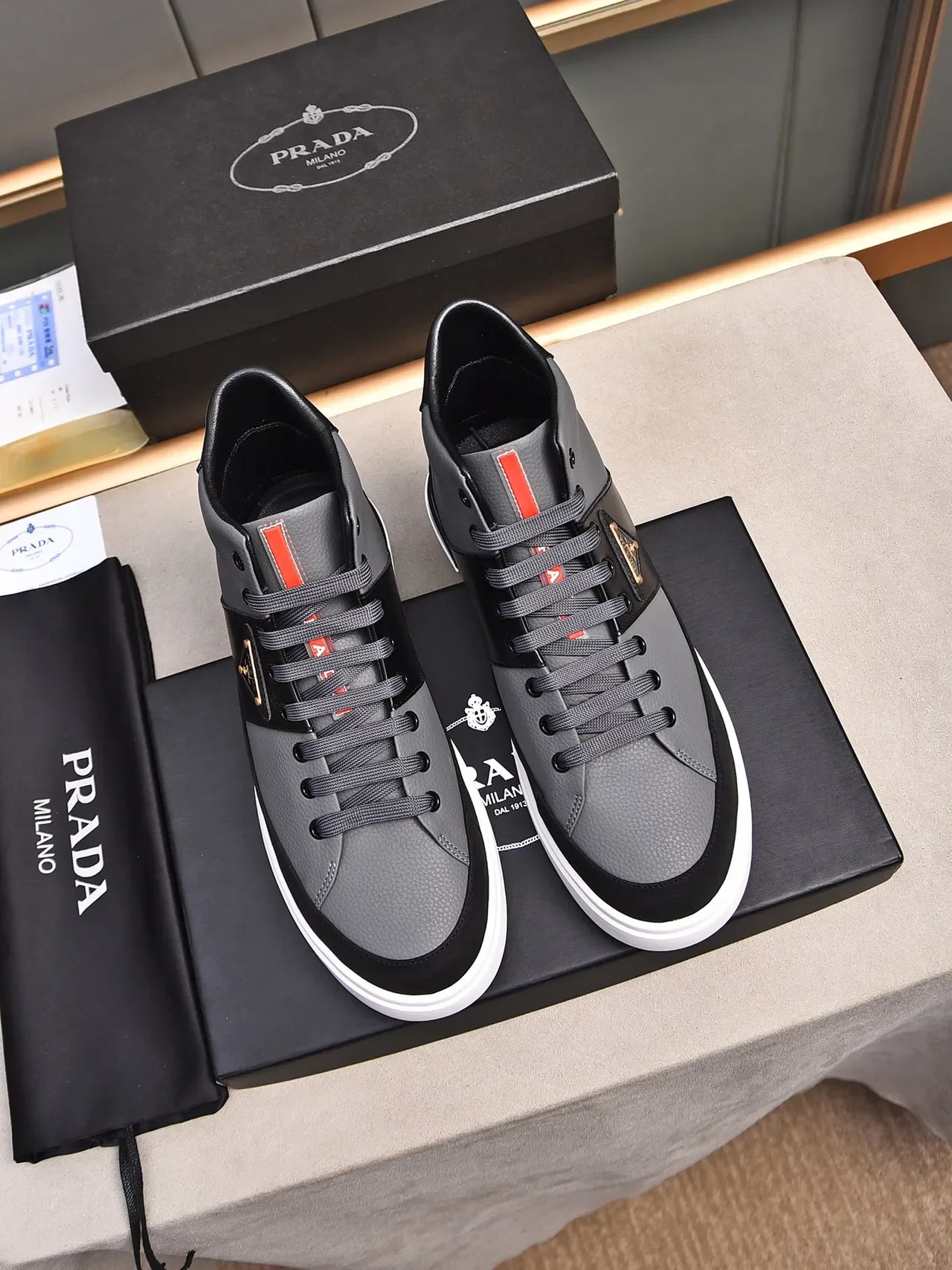 Prada Cloudbust Gray Black High-Top Two-Tone Leather Lifestyle Sneakers 2