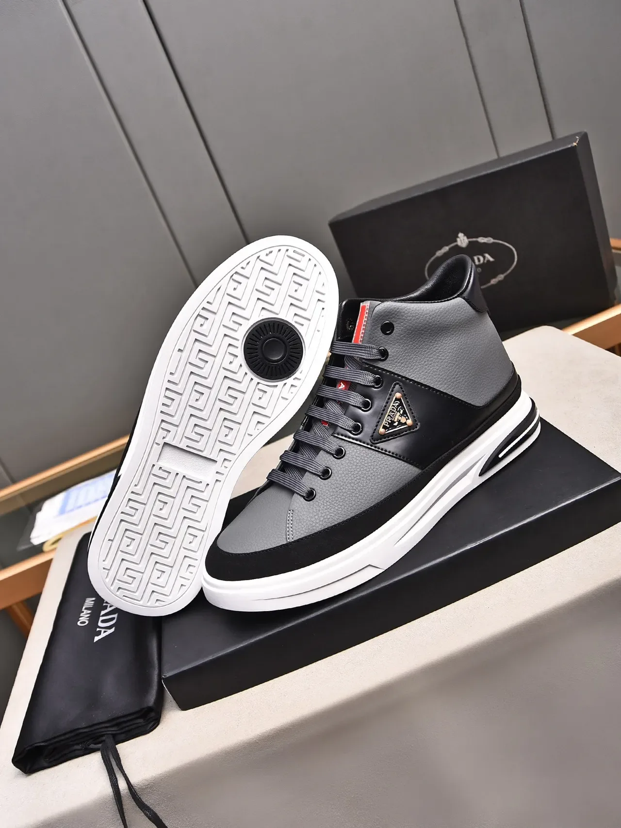 Prada Cloudbust Gray Black High-Top Two-Tone Leather Lifestyle Sneakers 4