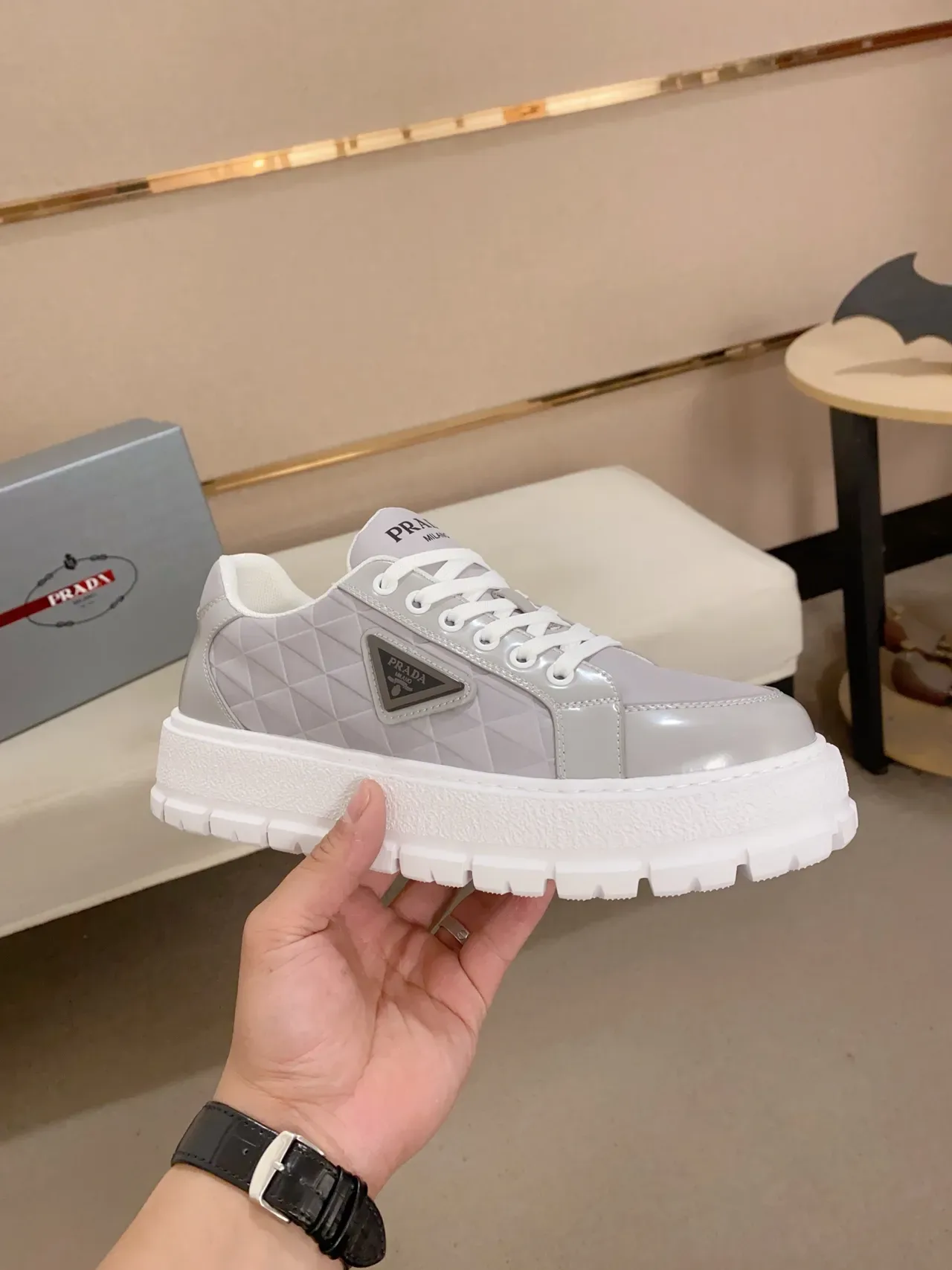 Prada Cloudbust Gray White Quilted Upper Patent Toe Cap Chunky Sneakers 4