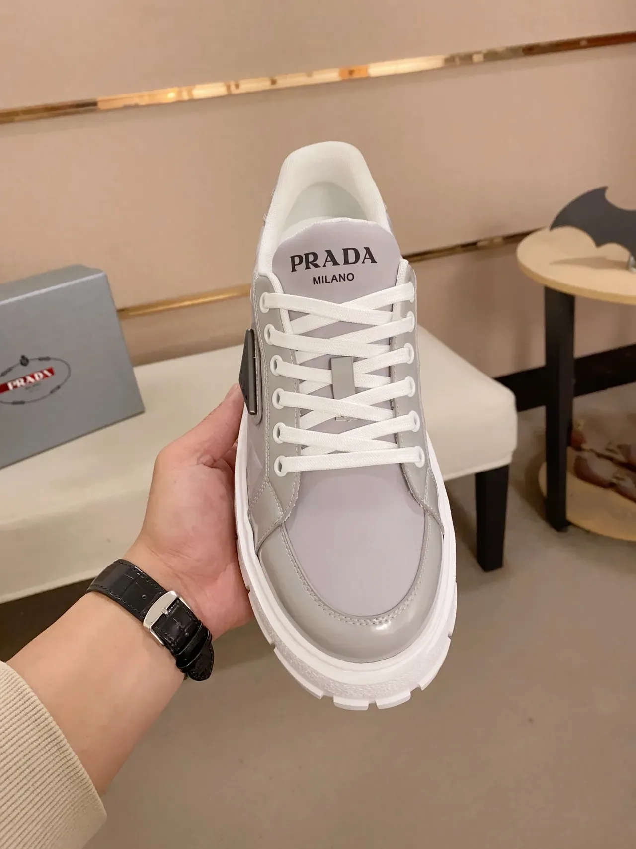 Prada Cloudbust Gray White Quilted Upper Patent Toe Cap Chunky Sneakers 5