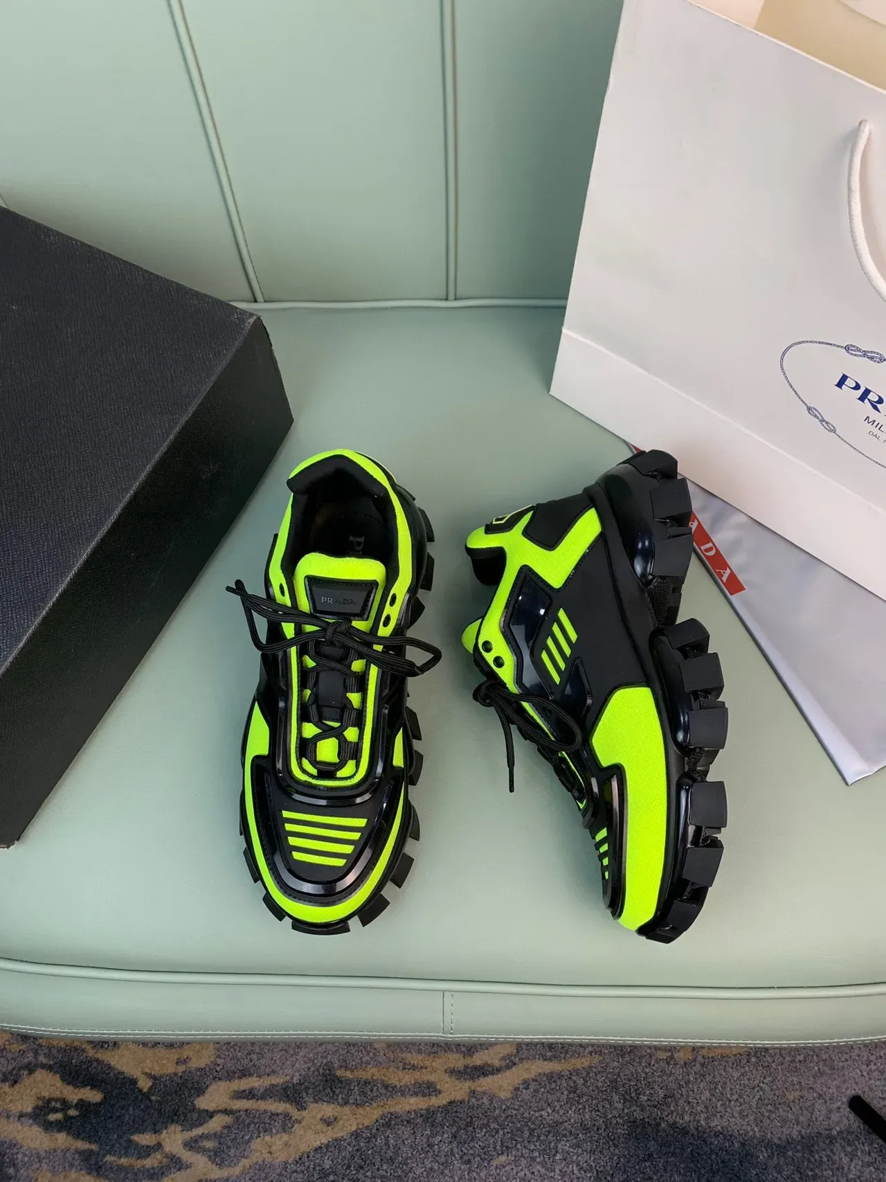 Prada Cloudbust Neon Green and Black Chunky Sneakers 5