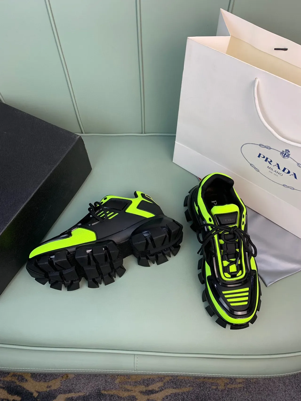 Prada Cloudbust Neon Green and Black Chunky Sneakers 6