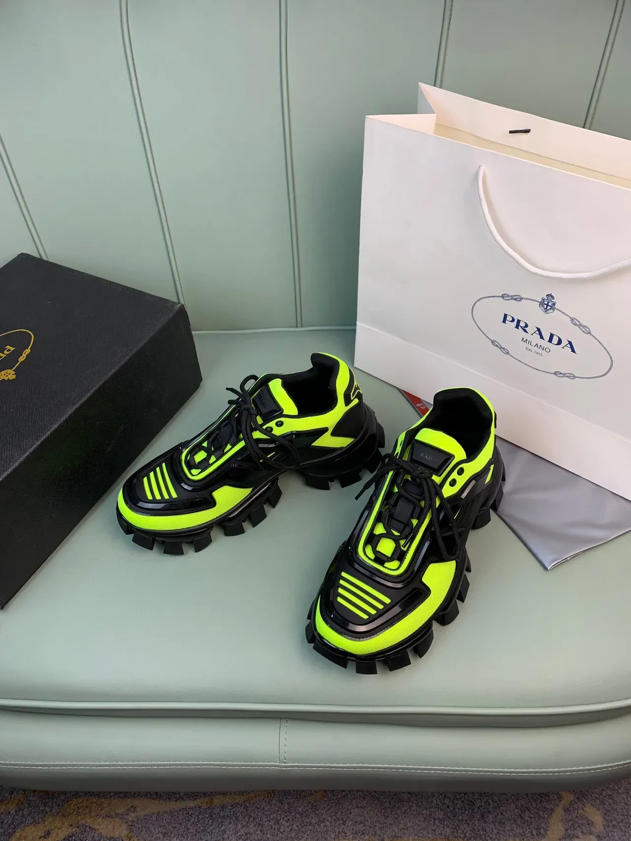 Prada Cloudbust Neon Green and Black Chunky Sneakers 7