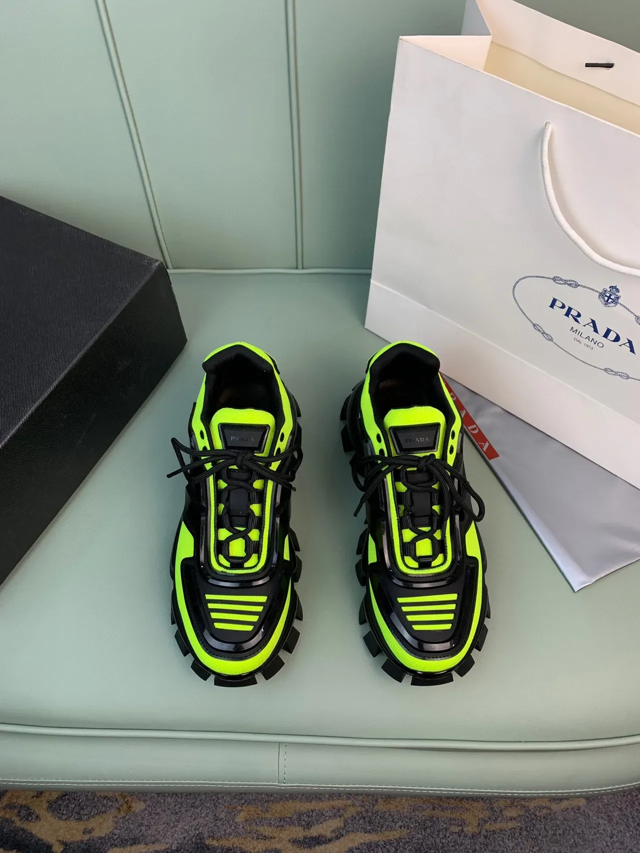 Prada Cloudbust Neon Green and Black Chunky Sneakers 9