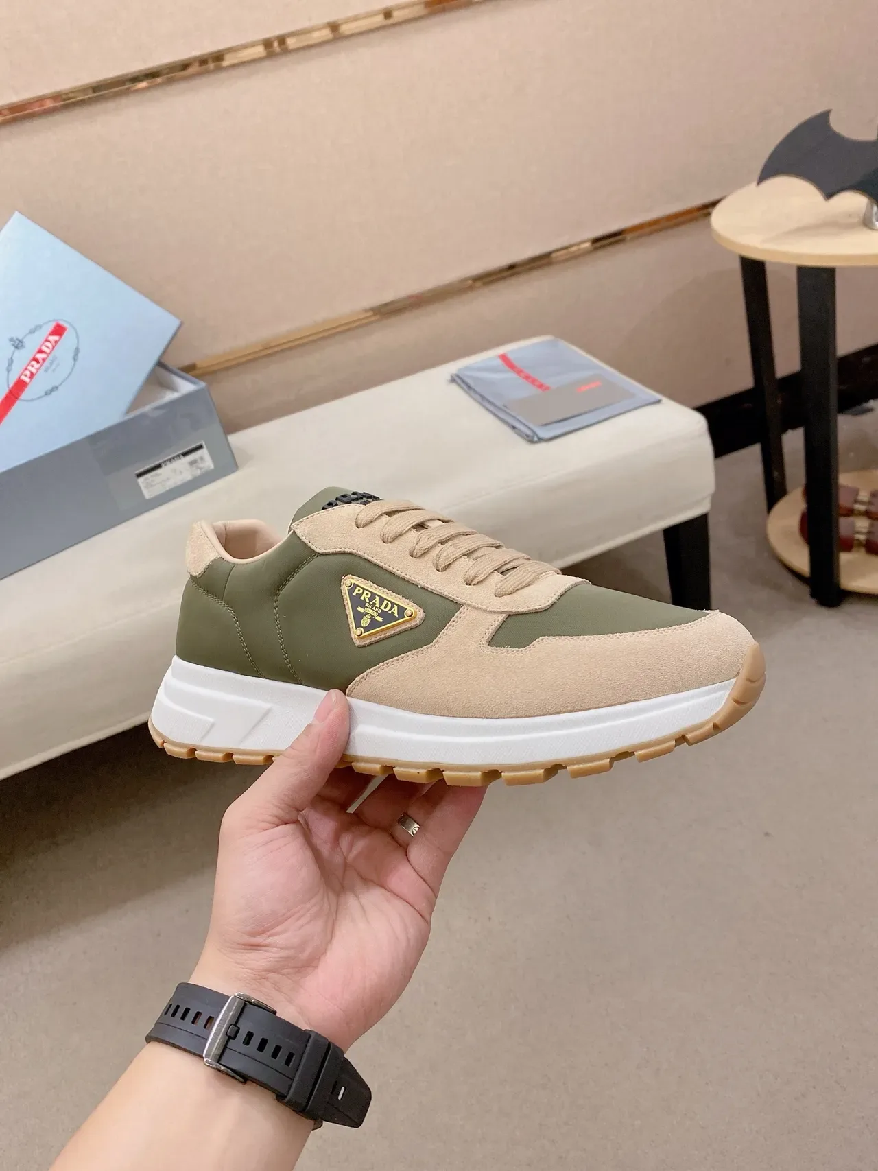 Prada Cloudbust Olive Green and Beige Lifestyle Sneakers 4