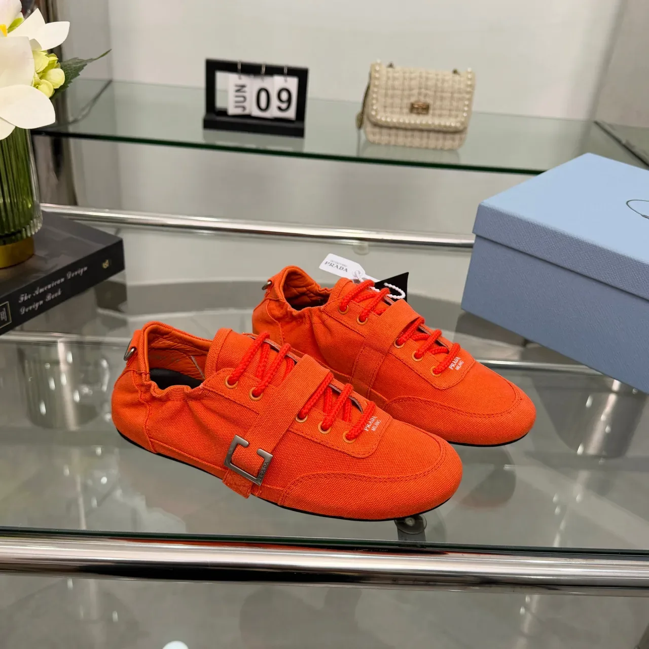Prada Cloudbust Orange Black Upper Buckle Strap Detail Canvas Shoes 5