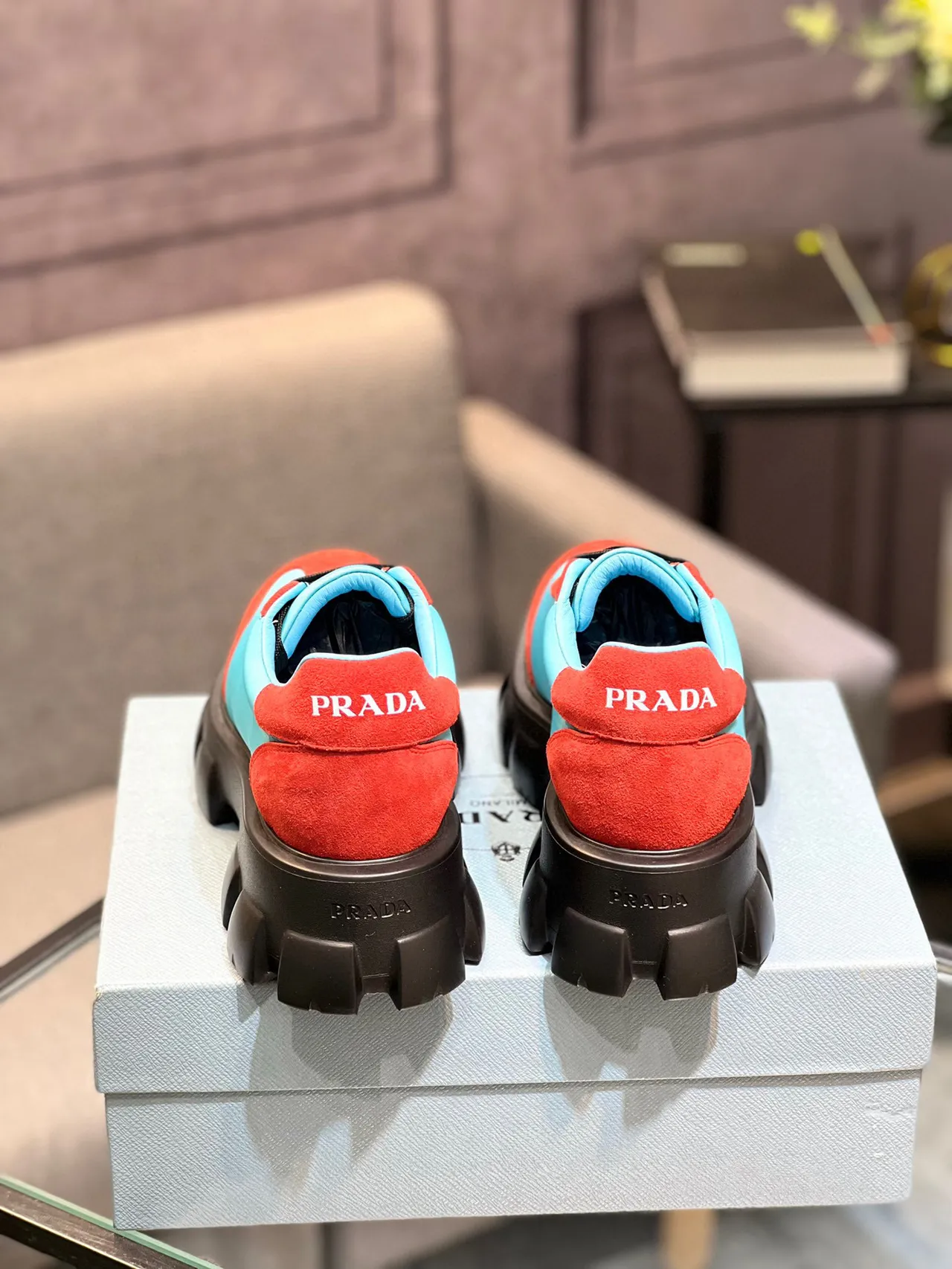 Prada Cloudbust Red and Cyan Chunky Sneakers 2