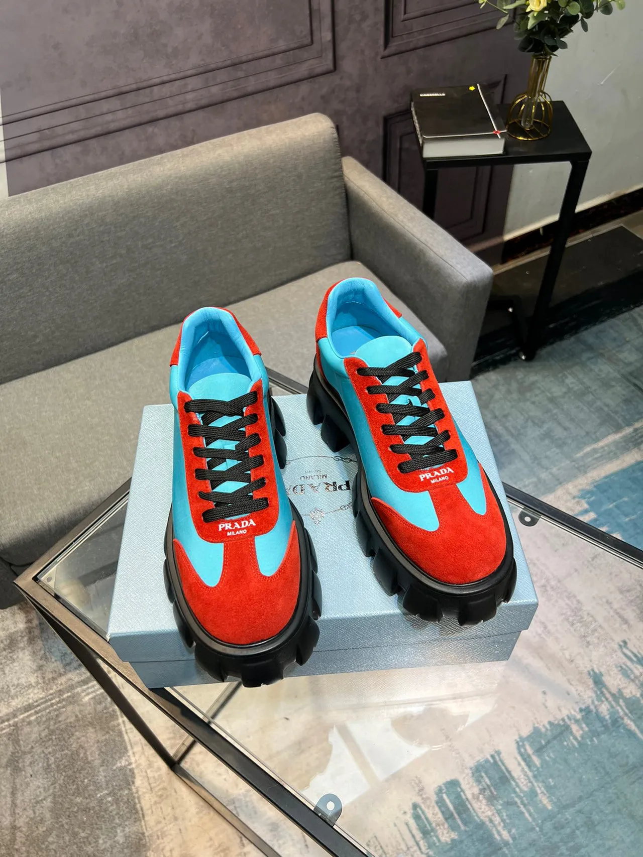 Prada Cloudbust Red and Cyan Chunky Sneakers 4