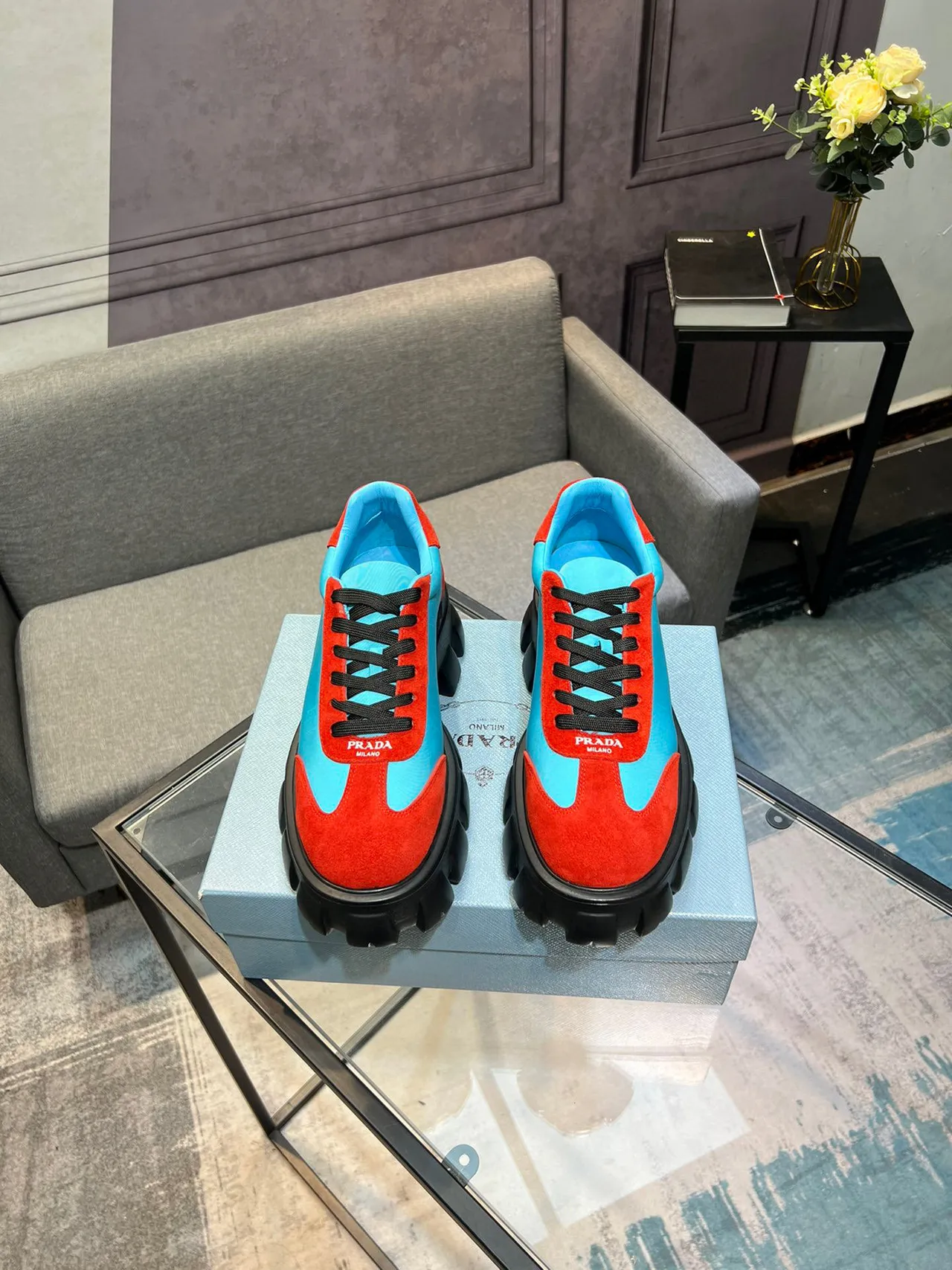 Prada Cloudbust Red and Cyan Chunky Sneakers 8