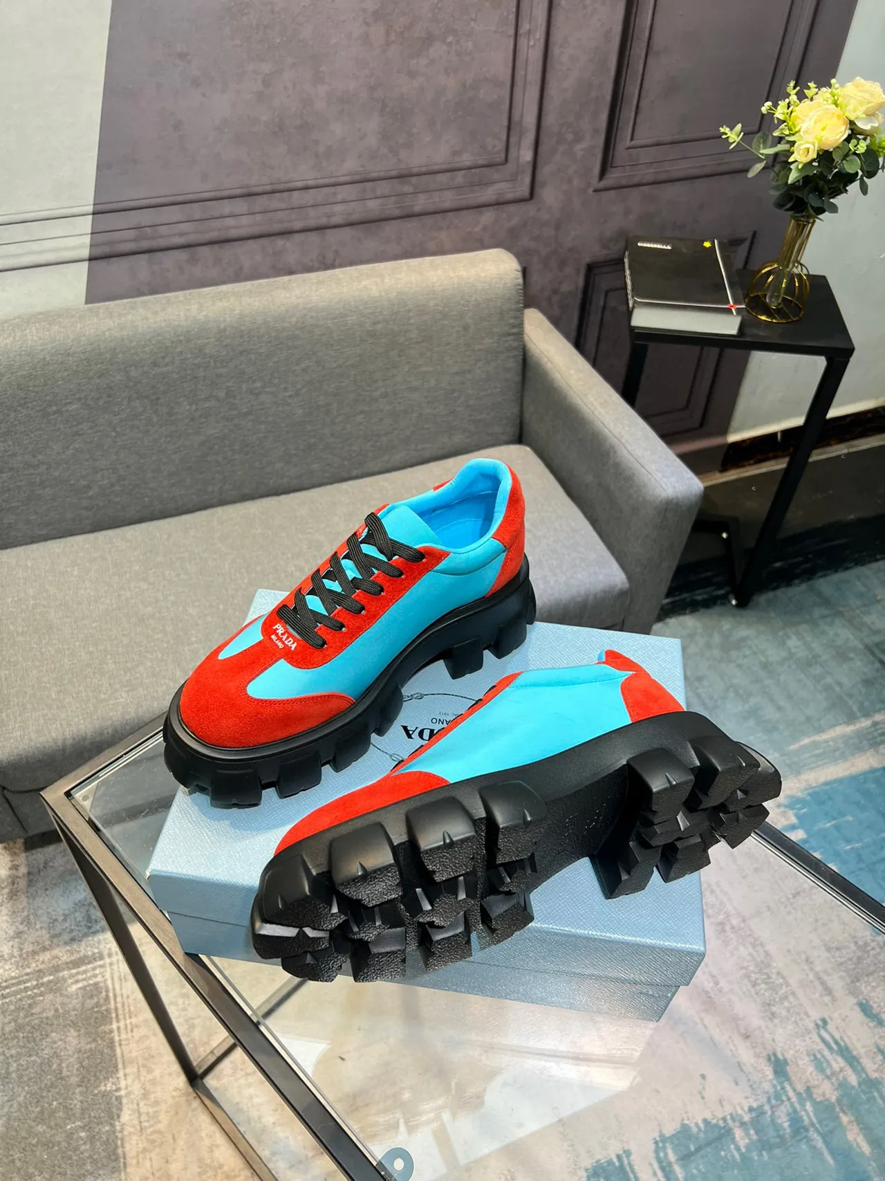 Prada Cloudbust Red and Cyan Chunky Sneakers 9