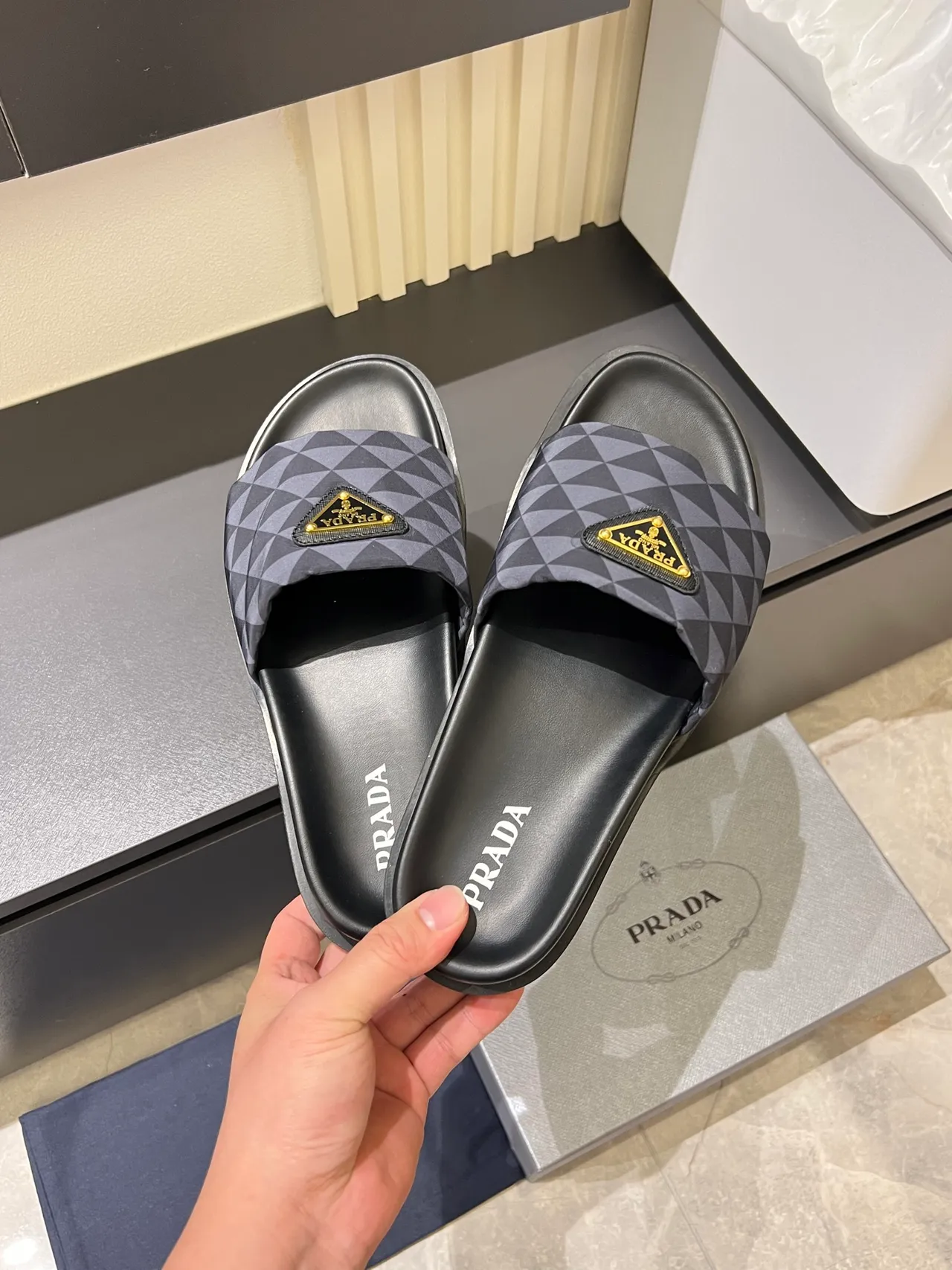 Prada Cloudbust Slides White and Black Geometric Strap Slippers 3
