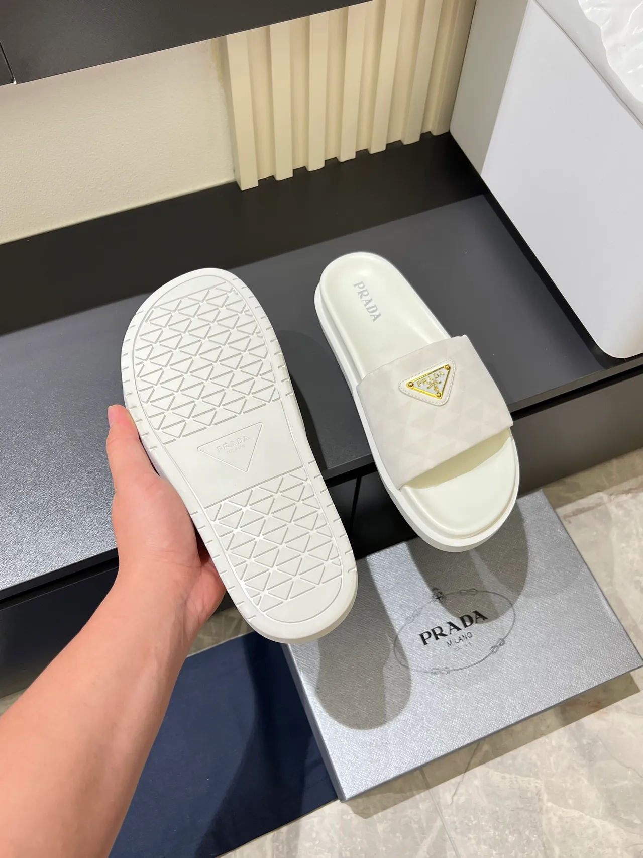 Prada Cloudbust Slides White and Black Geometric Strap Slippers 5