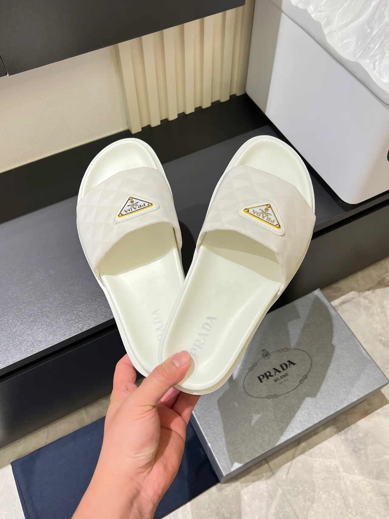 Prada Cloudbust Slides White and Black Geometric Strap Slippers 6