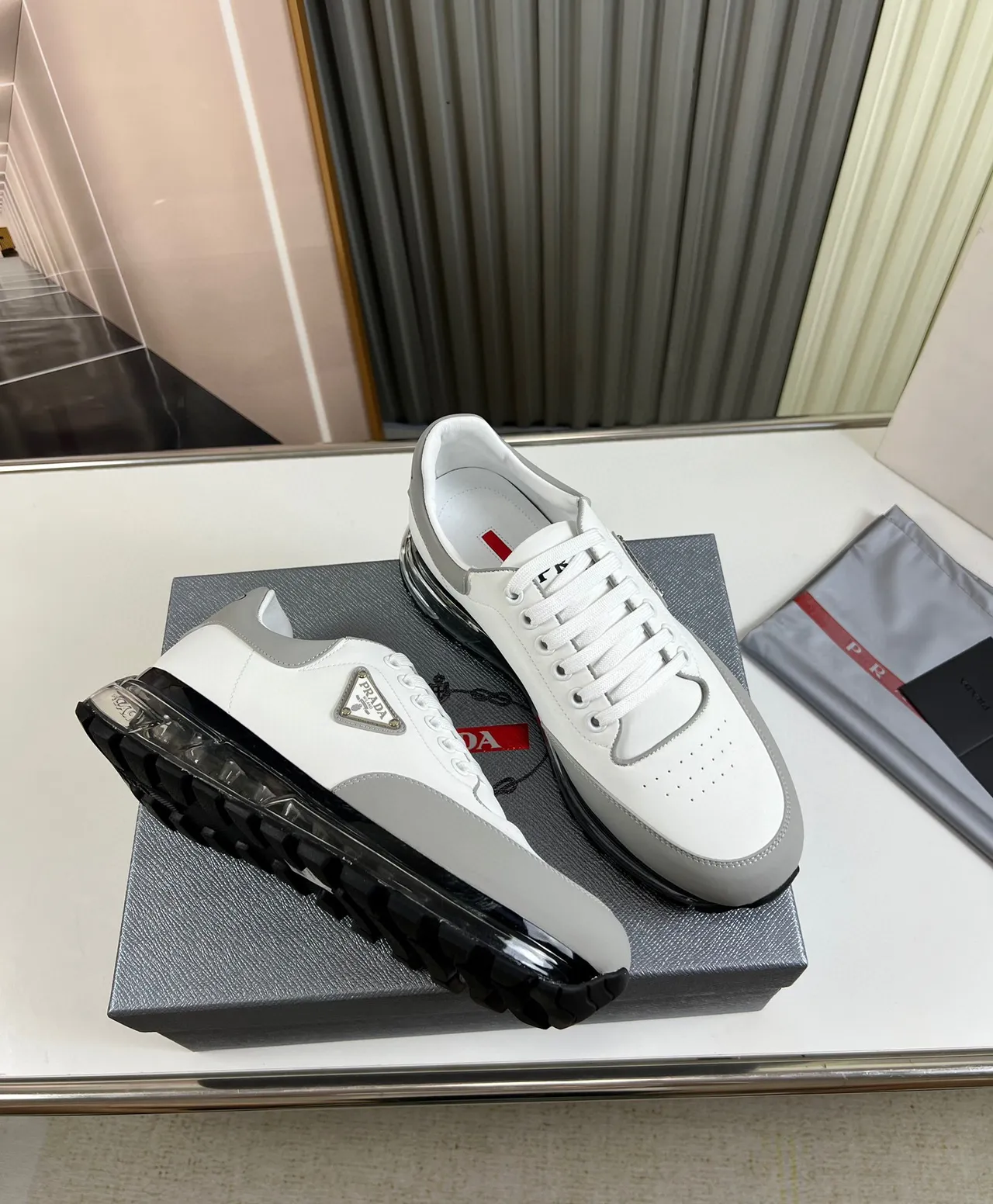 Prada Cloudbust White Gray Leather Upper Triangular Metal Logo Chunky Sneakers 5