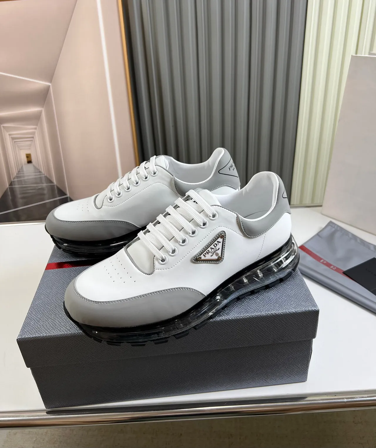 Prada Cloudbust White Gray Leather Upper Triangular Metal Logo Chunky Sneakers 8