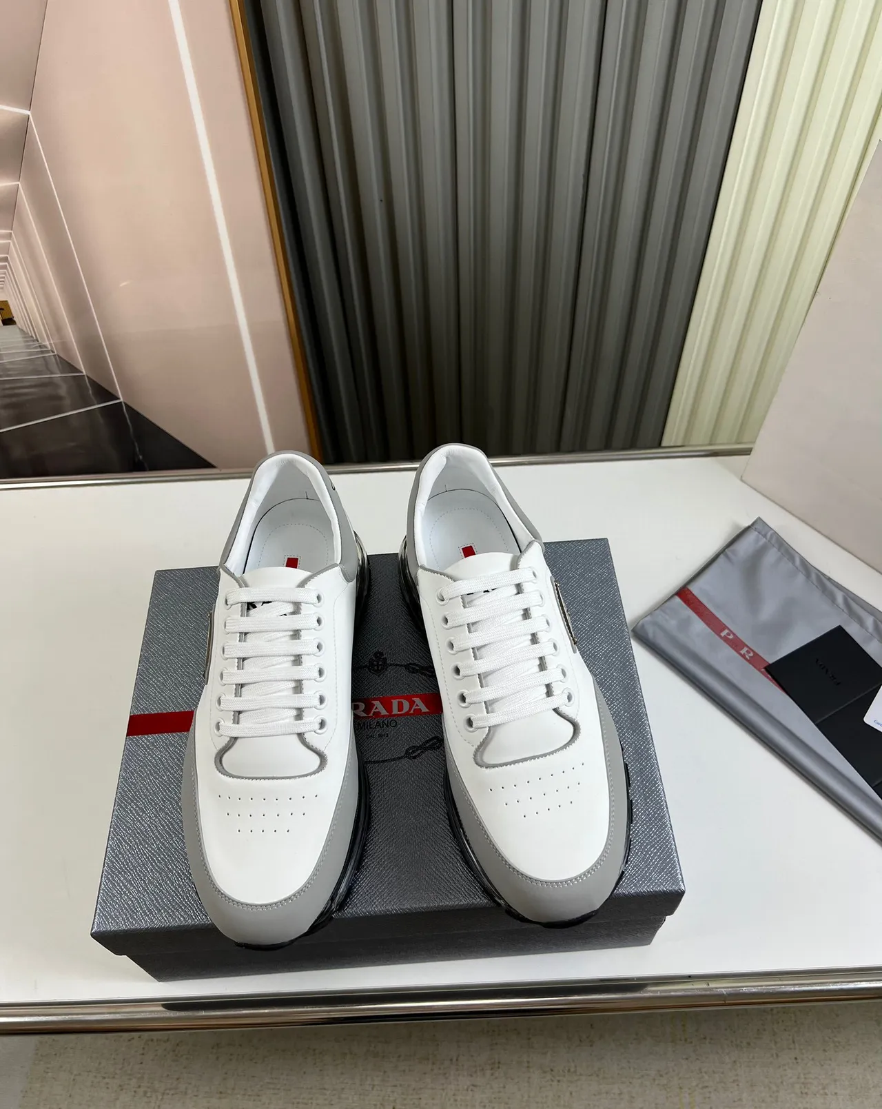 Prada Cloudbust White Gray Leather Upper Triangular Metal Logo Chunky Sneakers 9