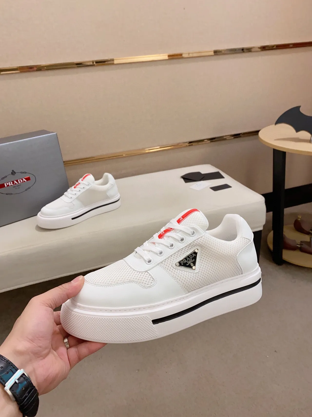 Prada Cloudbust White Mesh and Leather Platform Lifestyle Sneakers 3