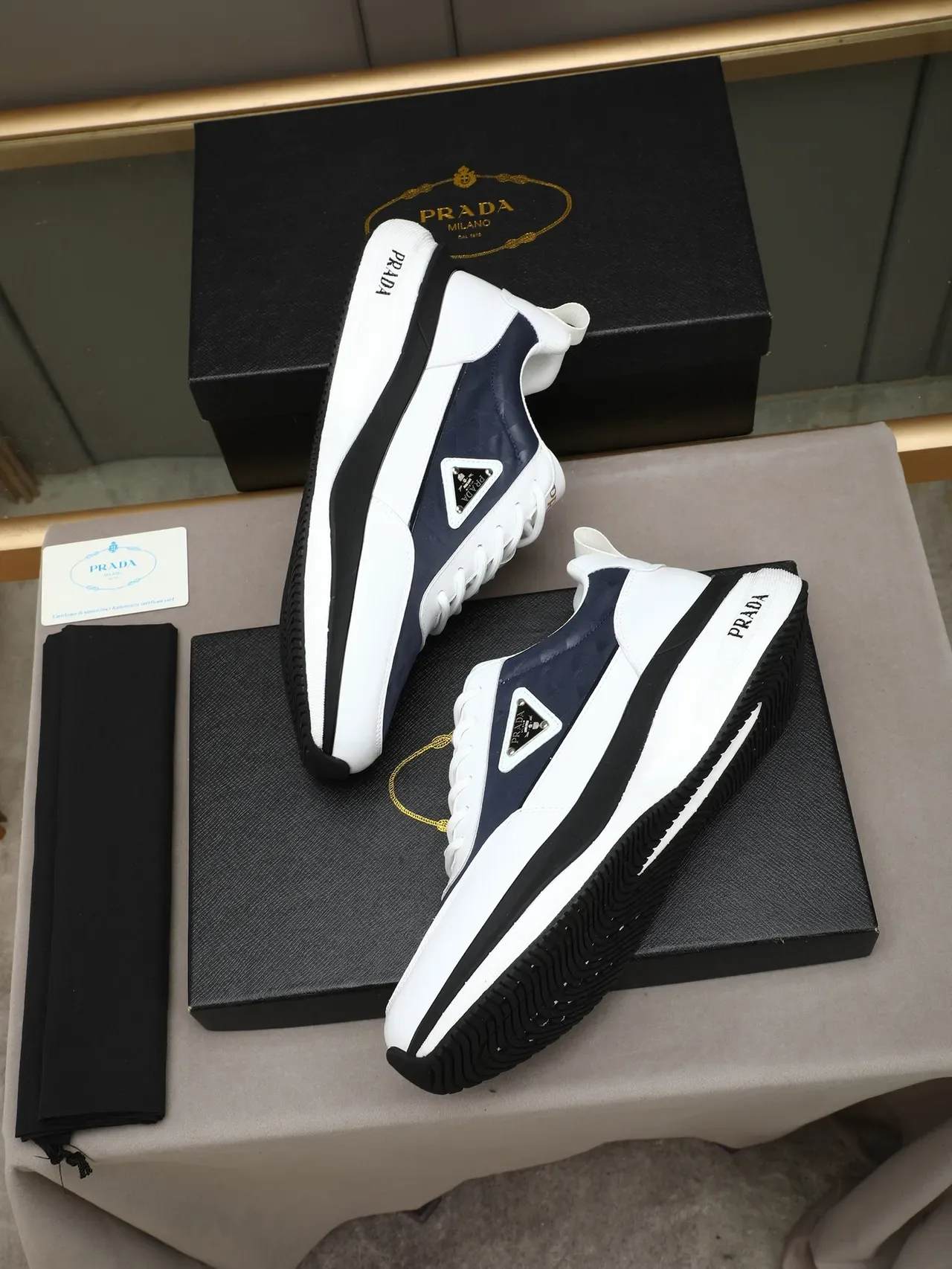 Prada Cloudbust White Navy Geometric Textile Panel Triangular Logo Plaque Lifestyle Sneakers 2