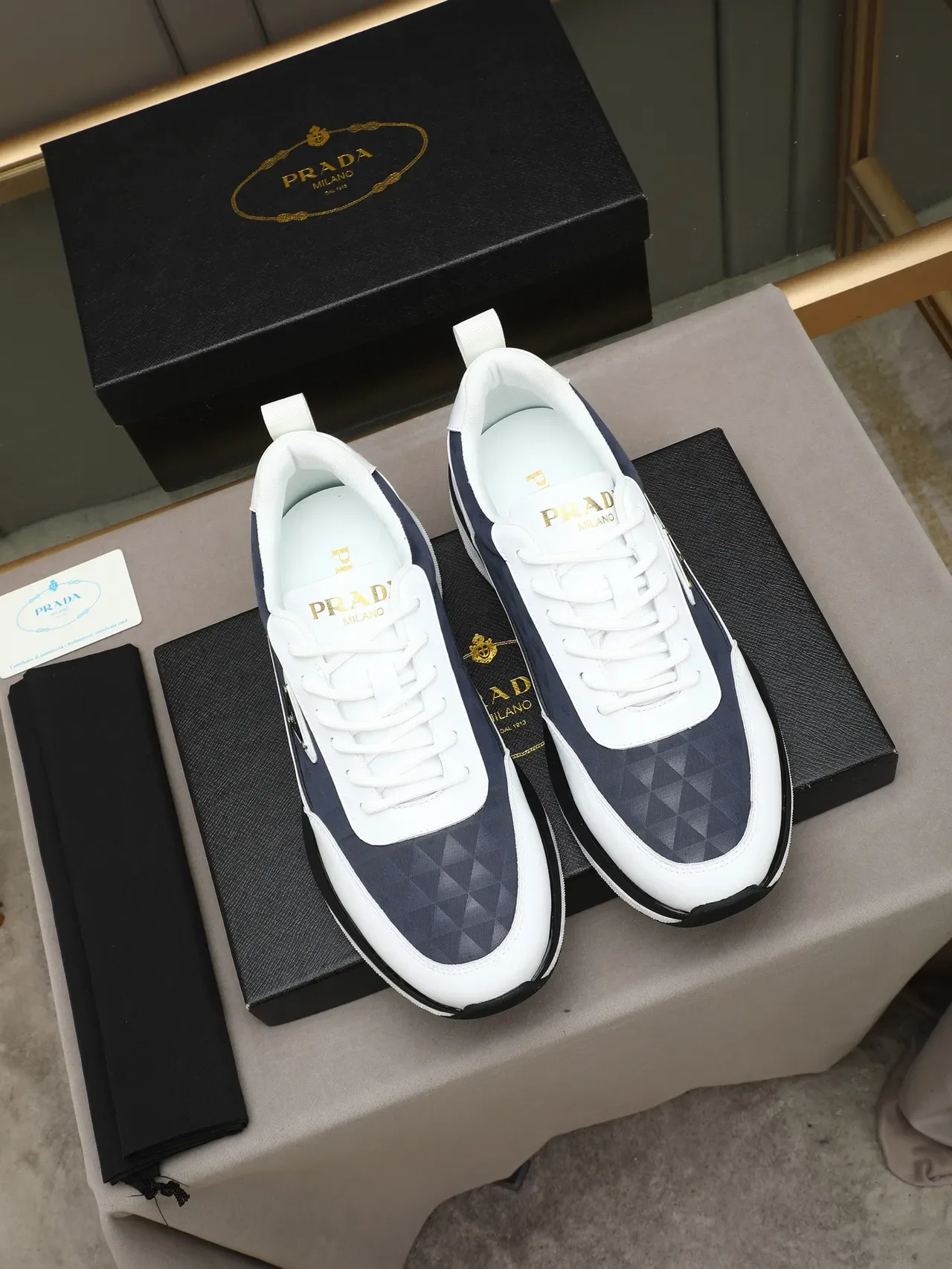 Prada Cloudbust White Navy Geometric Textile Panel Triangular Logo Plaque Lifestyle Sneakers 4