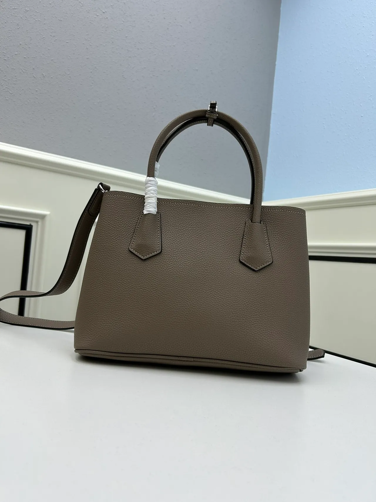Prada Galleria Structured Pebbled Leather Taupe Tote Bag 2