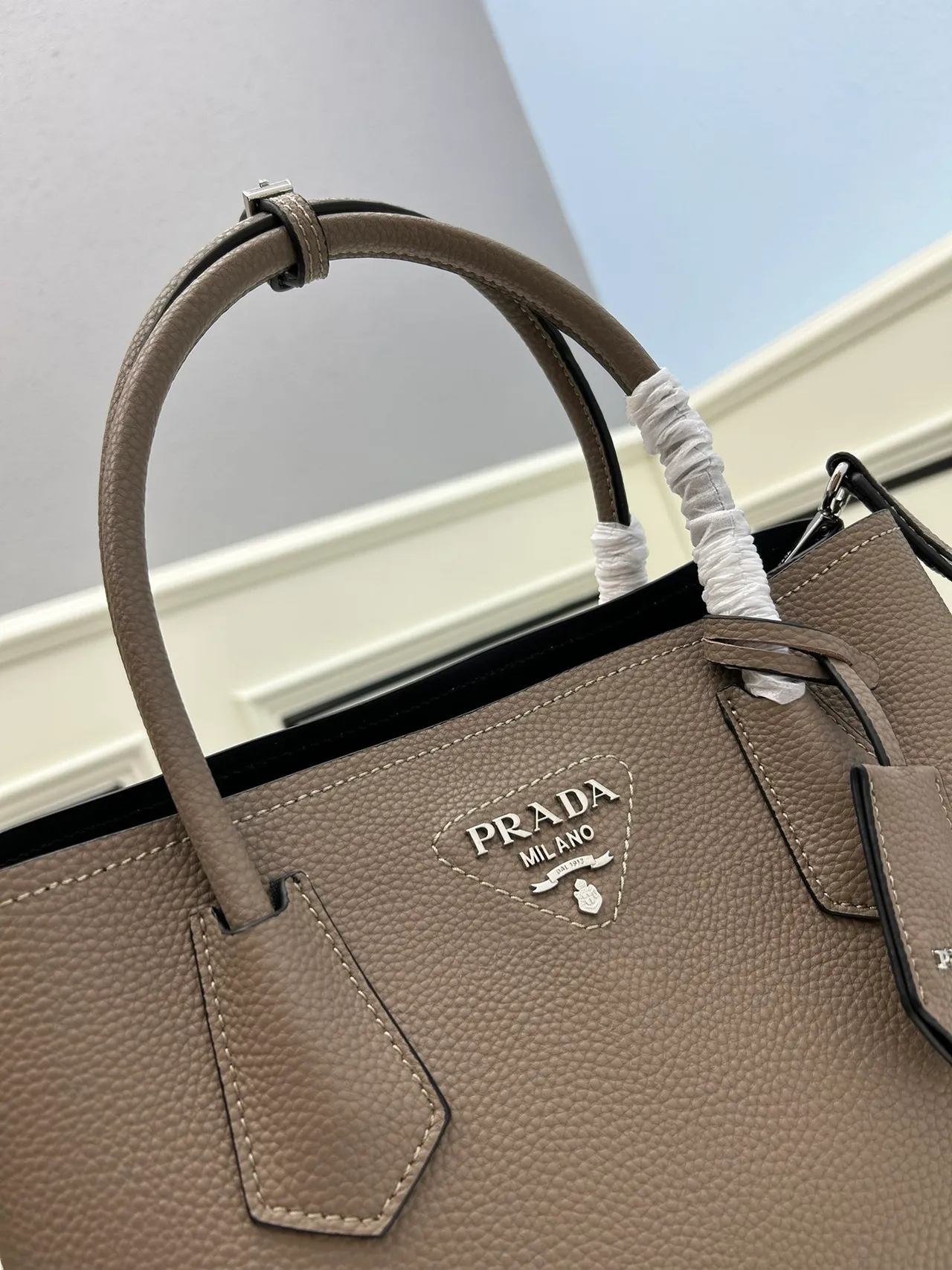Prada Galleria Structured Pebbled Leather Taupe Tote Bag 3