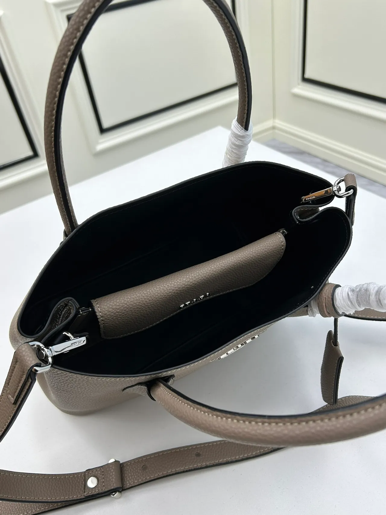 Prada Galleria Structured Pebbled Leather Taupe Tote Bag 5