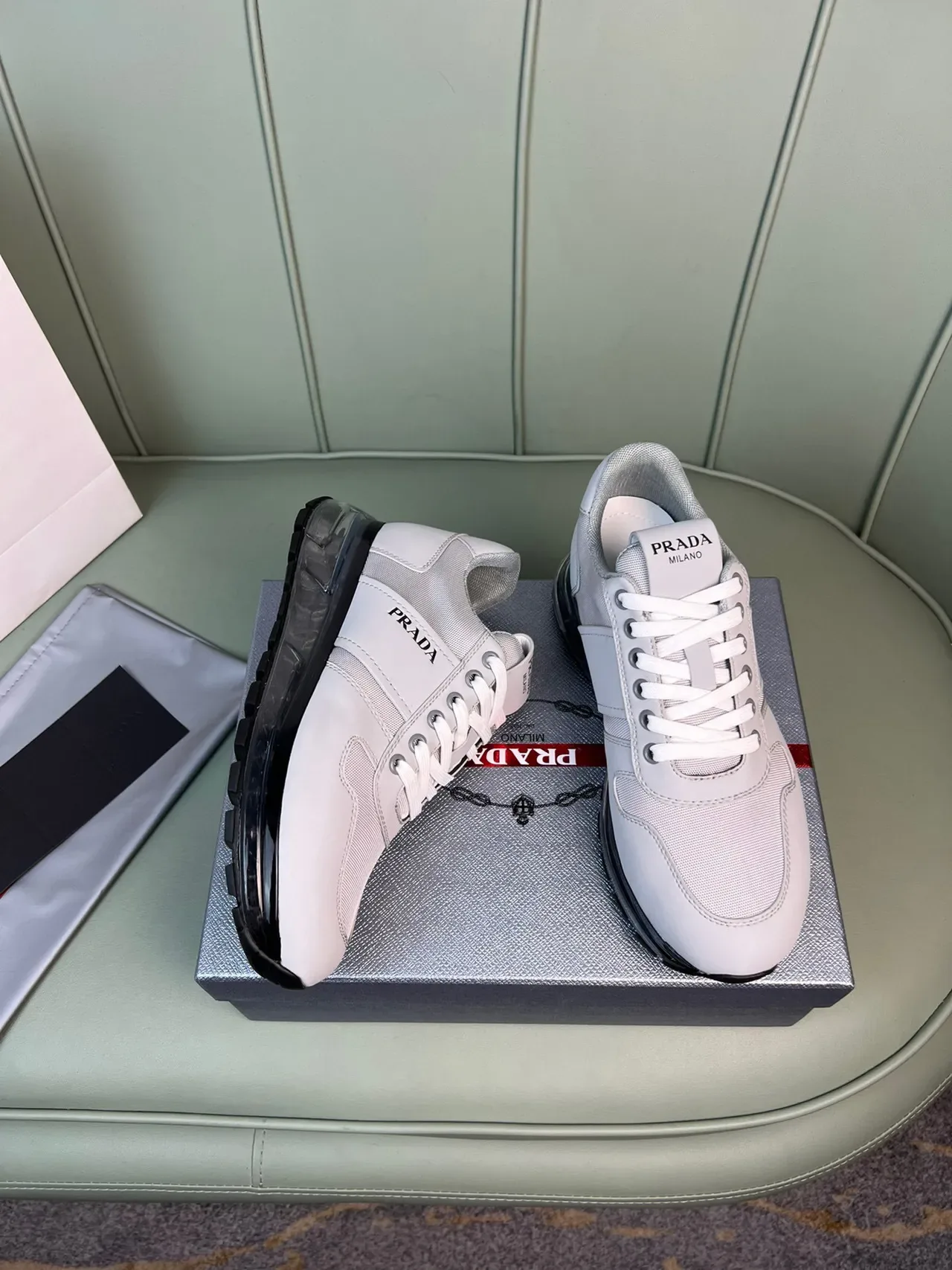 Prada Light Gray Mesh and Synthetic Lifestyle Sneakers 5