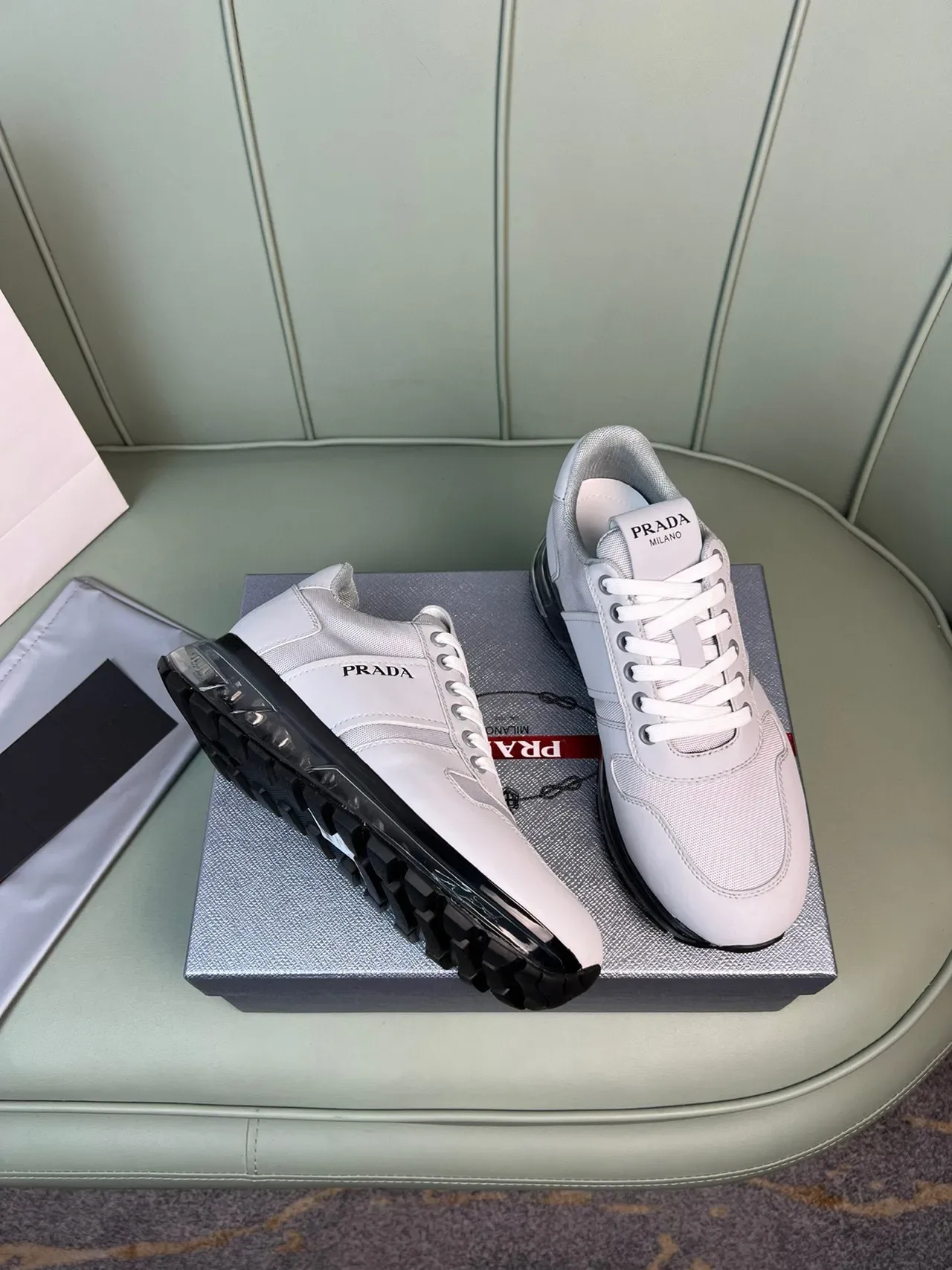 Prada Light Gray Mesh and Synthetic Lifestyle Sneakers 6