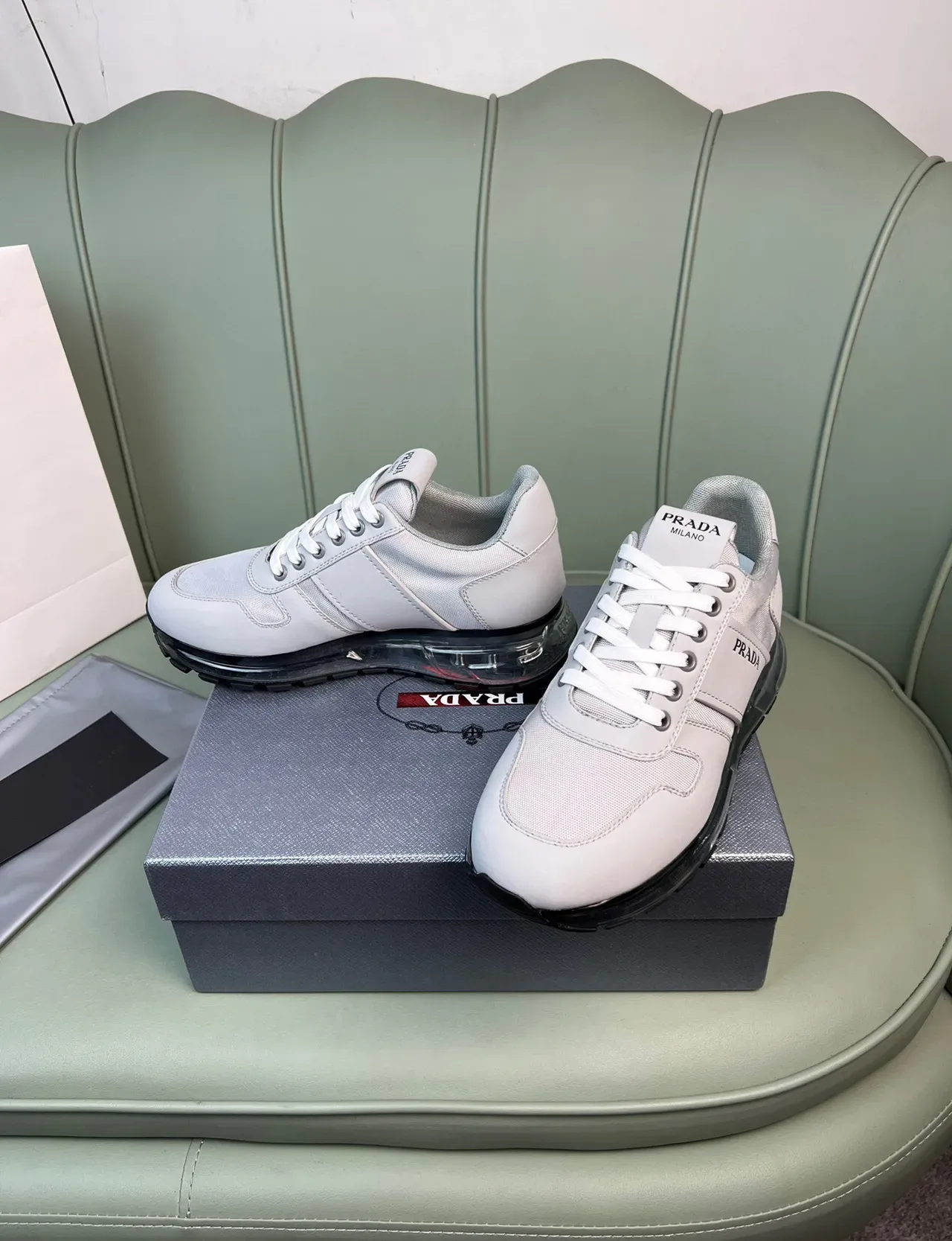 Prada Light Gray Mesh and Synthetic Lifestyle Sneakers 7