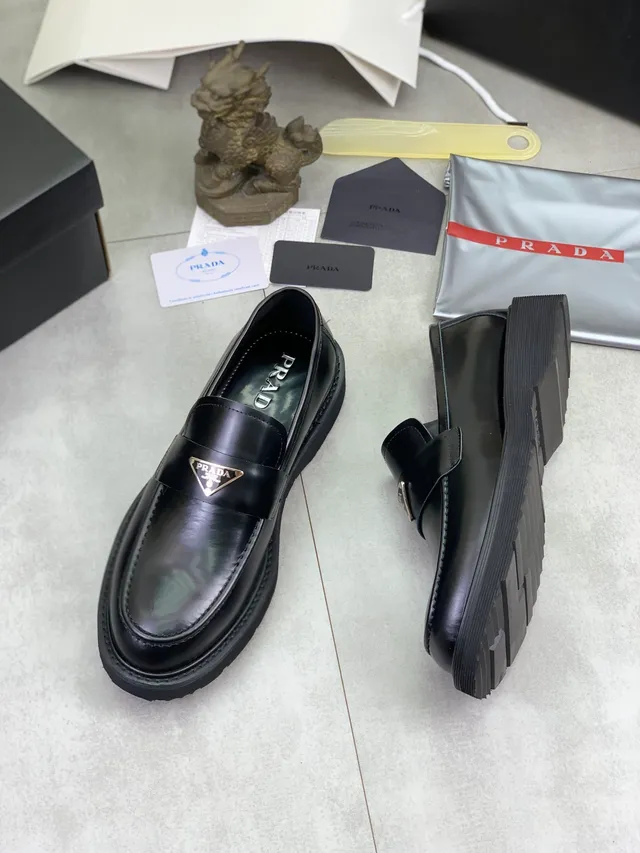 Prada Loafer Black Polished Leather Metal Triangle Logo Plaque Loafer 5