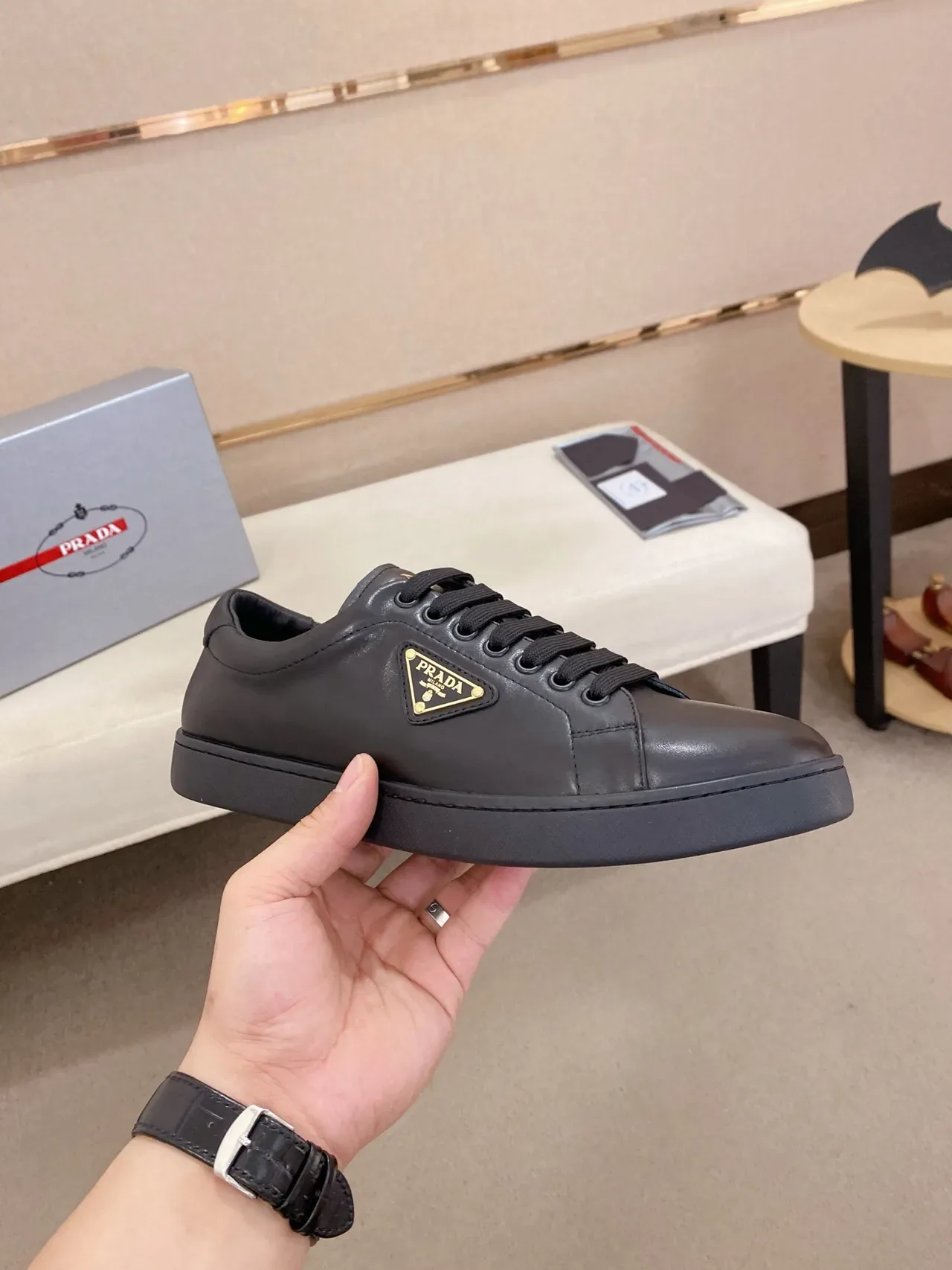 Prada Re-Edition 2005 Black Leather Lifestyle Sneakers 5