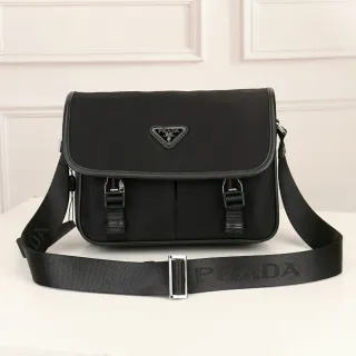Prada Re-Edition Black Silver Flap-Top Buckle-Accented Messenger Bag