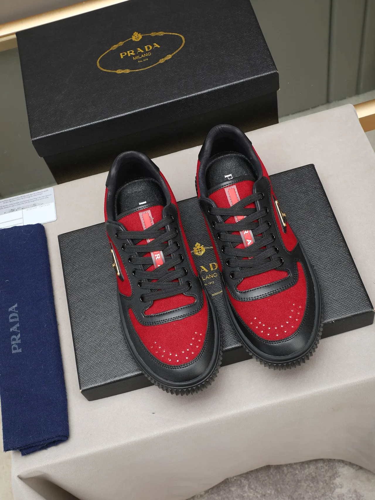Prada Red and Black Suede Leather Panelled Lifestyle Sneaker 2