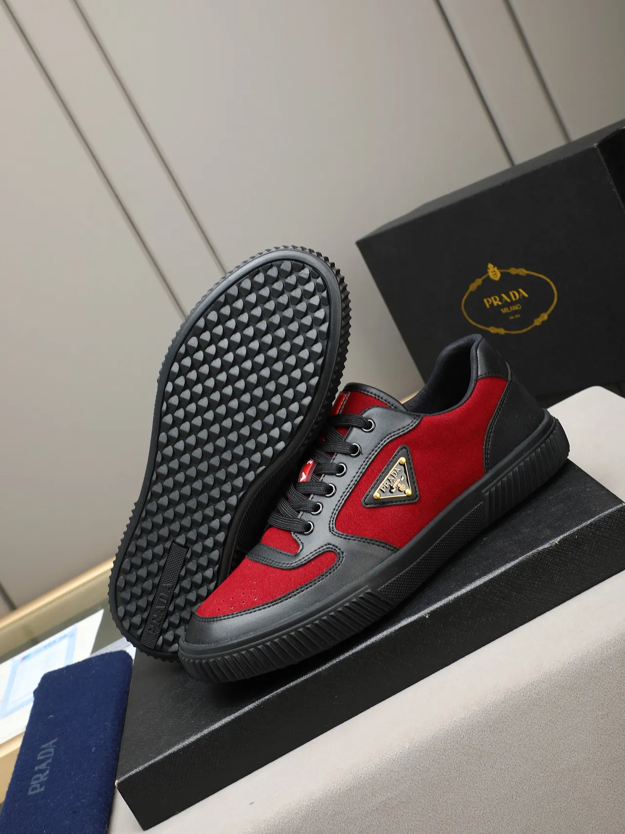 Prada Red and Black Suede Leather Panelled Lifestyle Sneaker 4