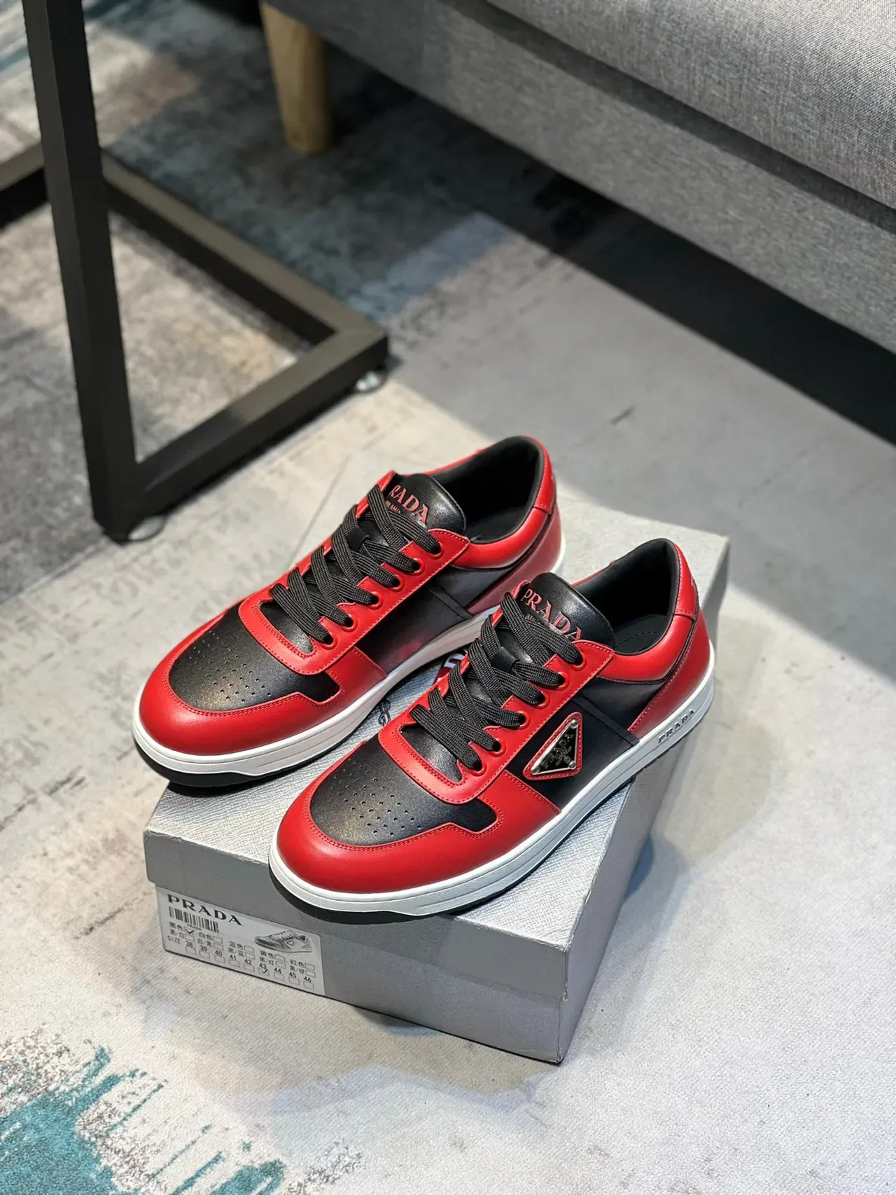Prada Red Black Color-Blocked Leather Triangular Logo Plaque Lifestyle Sneakers 6