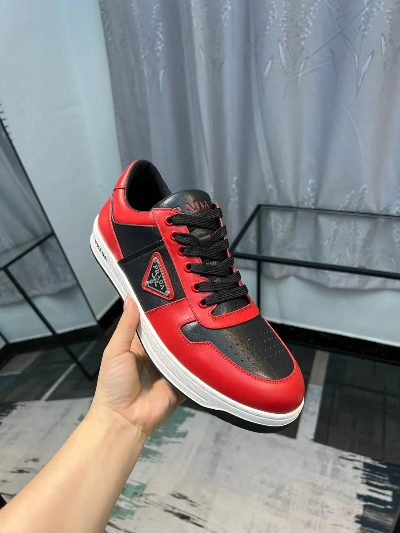Prada Red Black Color-Blocked Leather Triangular Logo Plaque Lifestyle Sneakers 7