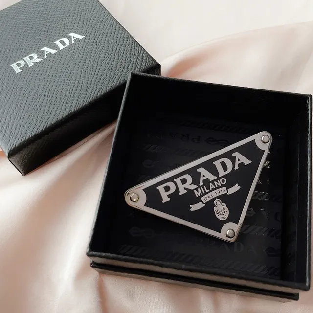 Prada Triangle Brooch Black Enamel Silver-Tone Metal Brooch 6
