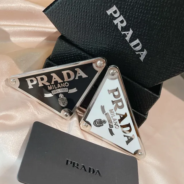 Prada Triangle Brooch Black Enamel Silver-Tone Metal Brooch 8