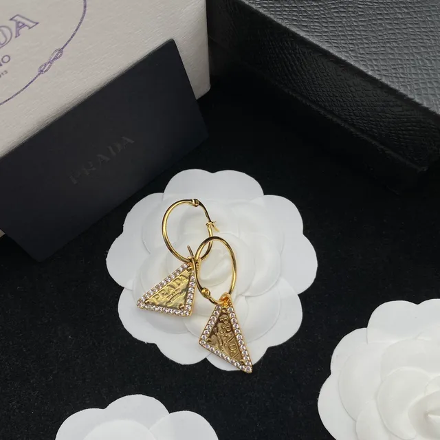 Prada Triangle Pavé Crystal Gold-Tone Hoop Earrings 2